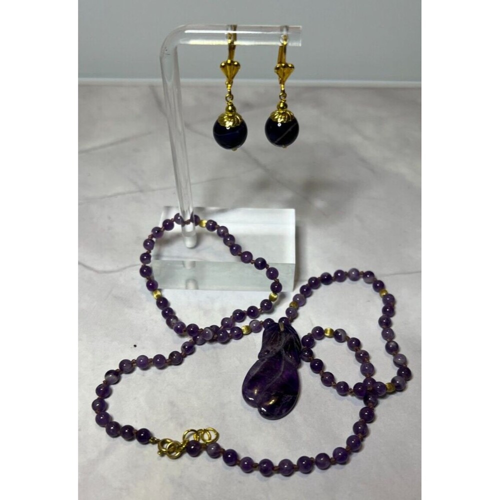 Amethyst & Gold-Filled Beaded. Hand Carved Flower Necklace & Earring Set, (0141)